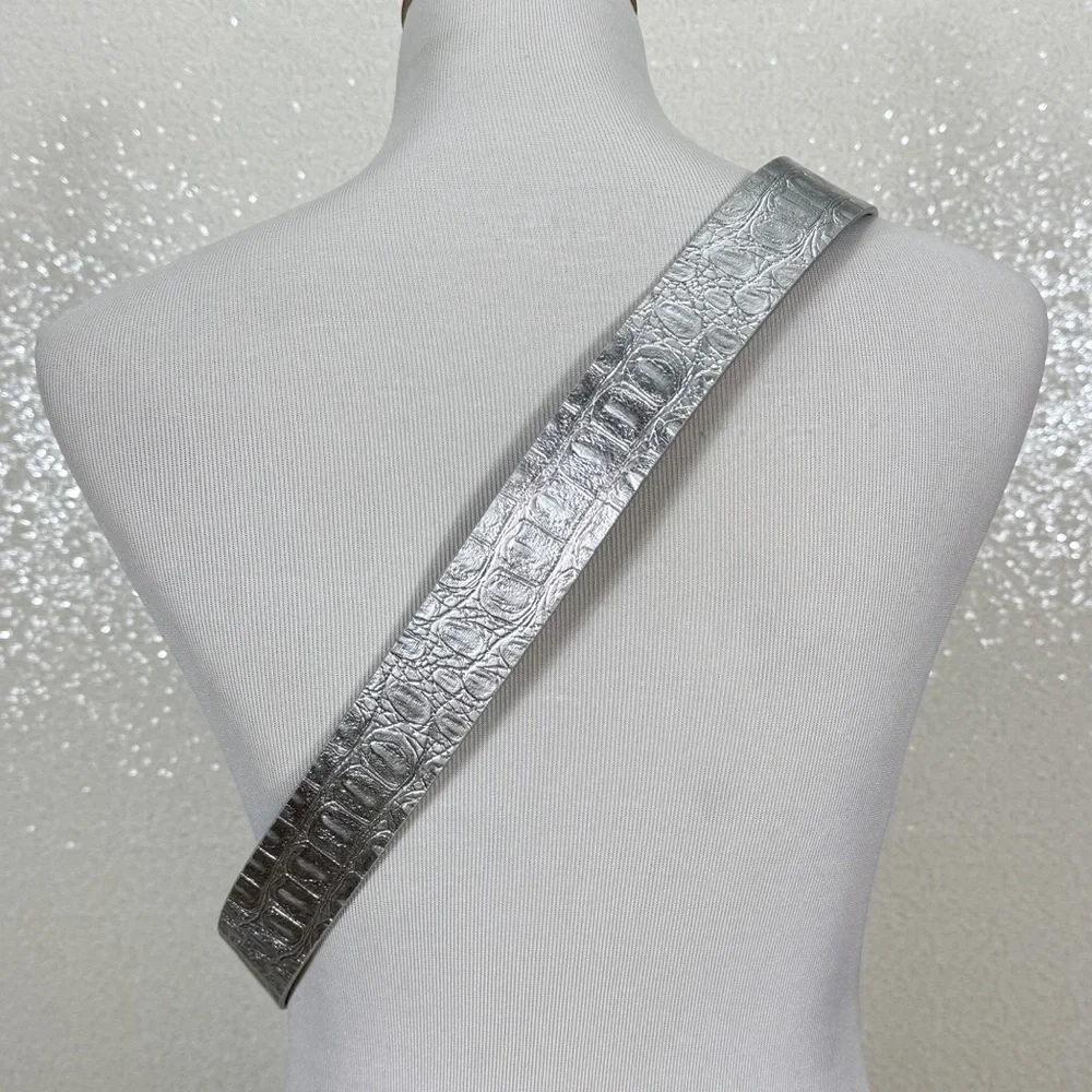 GUESS Silver Belt Rhinestone Buckle Metallic Faux Leather 38- 42 Waist